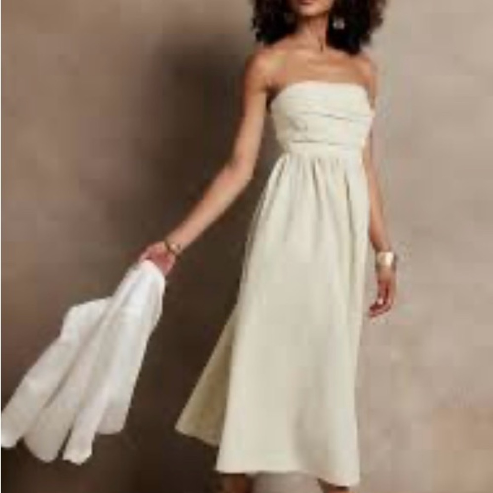 Banana Republic Pure Linen Midi Dress | Size 4 | Strapless | Color: Flax